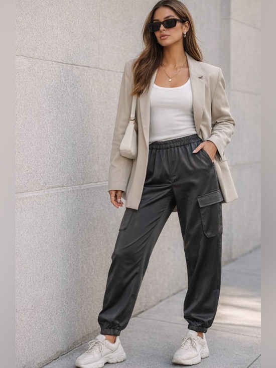 Splendid Pants - Splendid Satin Cargo Joggers Charcoal XS High Rise Luxe Athleisure Streetwear